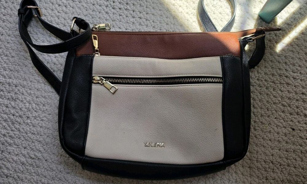 Telena Crossbody Bag Colorblock Black White Brown Vegan Leather Purse Gold HW